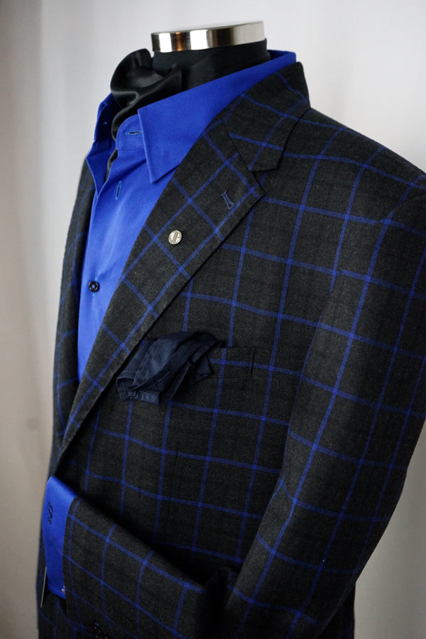 Black and blue wool windowpane two piece suit