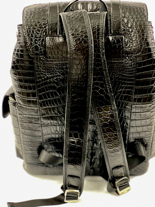 Handcrafted Crocodile Alligator Leather Backpack Shoulder Bag Travel Bag  Black